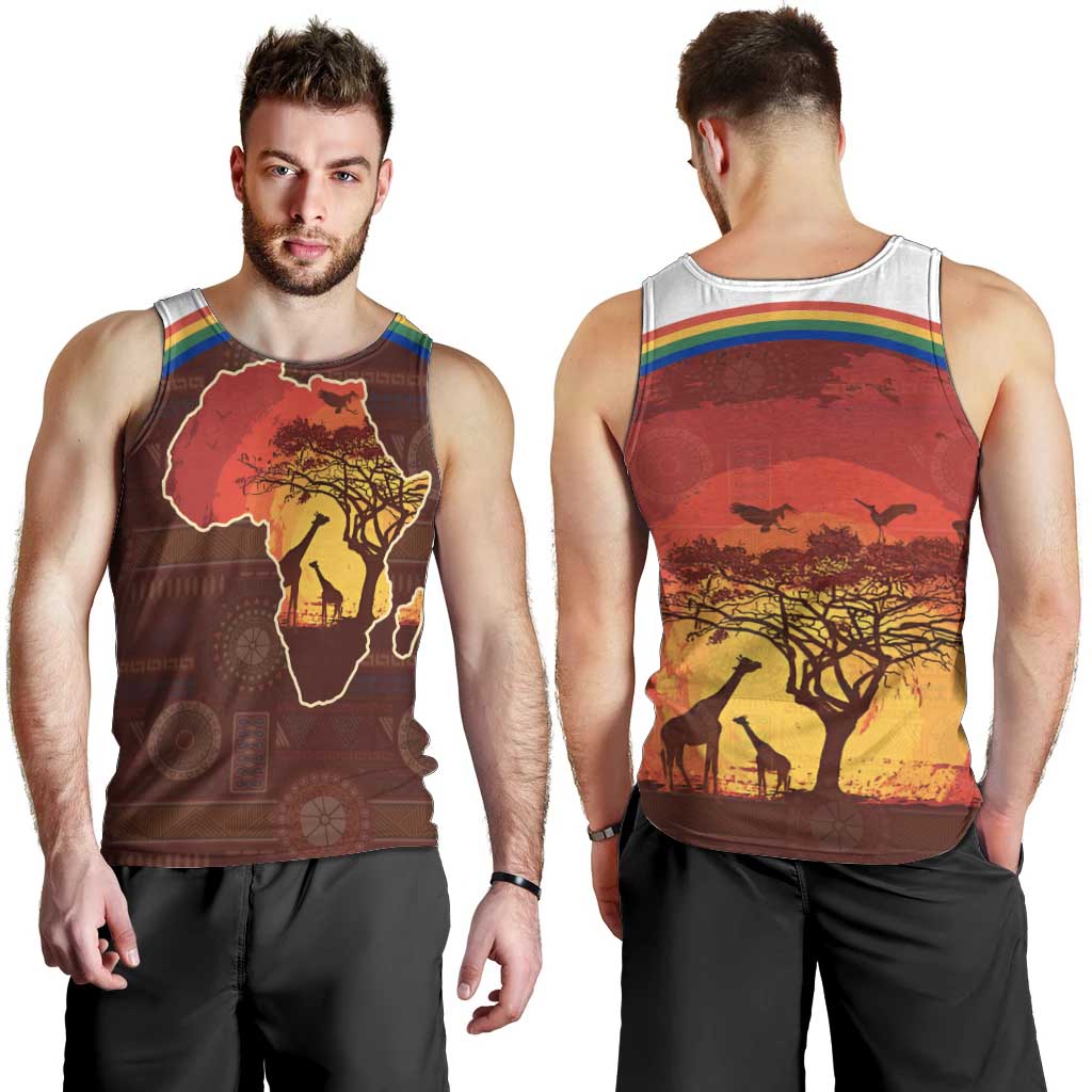 African Sunset Heritage Men Tank Top Tribal Pattern with Continent Silhouette, Rainbow Arc & Safari Scene