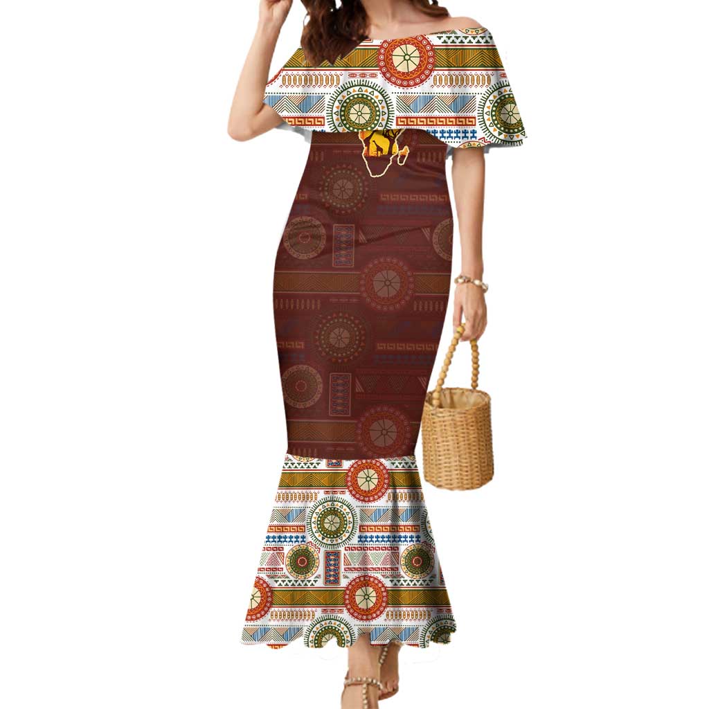 African Sunset Heritage Mermaid Dress Tribal Pattern with Continent Silhouette, Rainbow Arc & Safari Scene