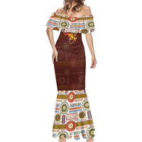 African Sunset Heritage Mermaid Dress Tribal Pattern with Continent Silhouette, Rainbow Arc & Safari Scene