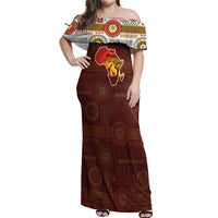 African Sunset Heritage Off Shoulder Maxi Dress Tribal Pattern with Continent Silhouette, Rainbow Arc & Safari Scene