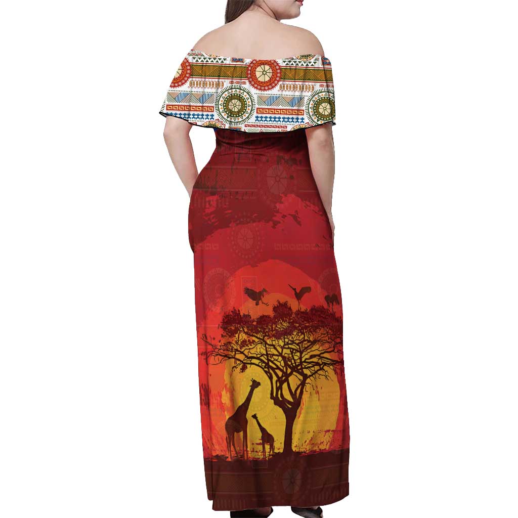 African Sunset Heritage Off Shoulder Maxi Dress Tribal Pattern with Continent Silhouette, Rainbow Arc & Safari Scene