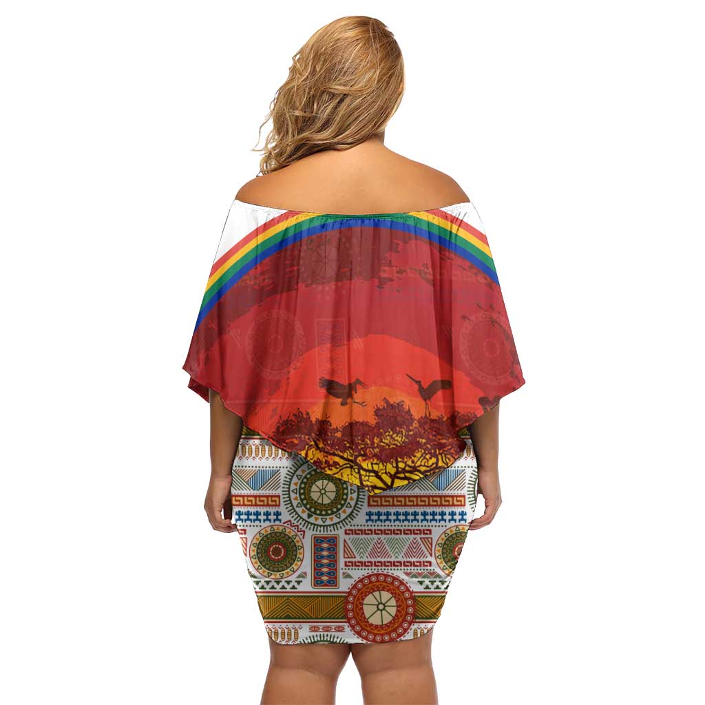 African Sunset Heritage Off Shoulder Short Dress Tribal Pattern with Continent Silhouette, Rainbow Arc & Safari Scene