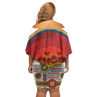 African Sunset Heritage Off Shoulder Short Dress Tribal Pattern with Continent Silhouette, Rainbow Arc & Safari Scene