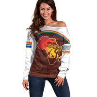 African Sunset Heritage Off Shoulder Sweater Tribal Pattern with Continent Silhouette, Rainbow Arc & Safari Scene