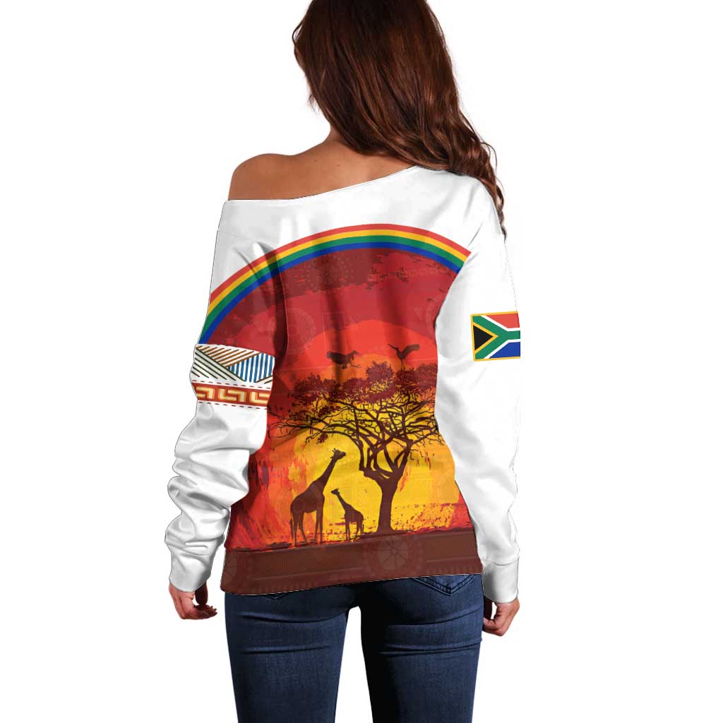 African Sunset Heritage Off Shoulder Sweater Tribal Pattern with Continent Silhouette, Rainbow Arc & Safari Scene