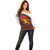 African Sunset Heritage Off Shoulder Sweater Tribal Pattern with Continent Silhouette, Rainbow Arc & Safari Scene