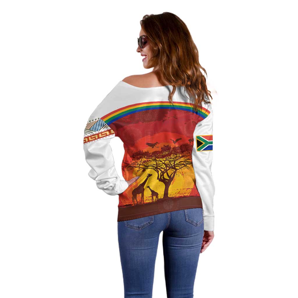African Sunset Heritage Off Shoulder Sweater Tribal Pattern with Continent Silhouette, Rainbow Arc & Safari Scene