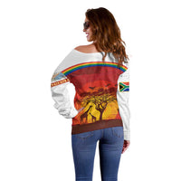 African Sunset Heritage Off Shoulder Sweater Tribal Pattern with Continent Silhouette, Rainbow Arc & Safari Scene
