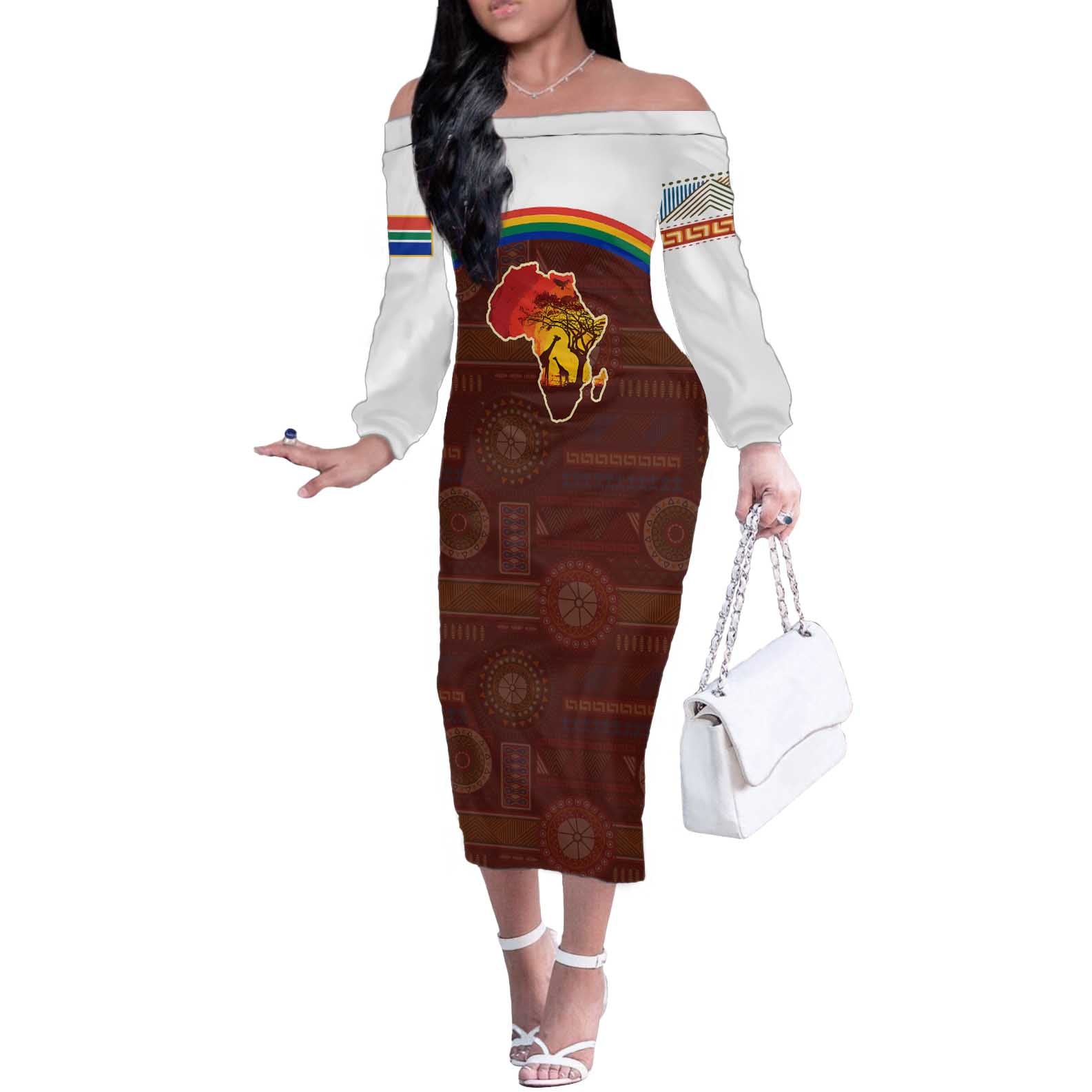 African Sunset Heritage Off The Shoulder Long Sleeve Dress Tribal Pattern with Continent Silhouette, Rainbow Arc & Safari Scene
