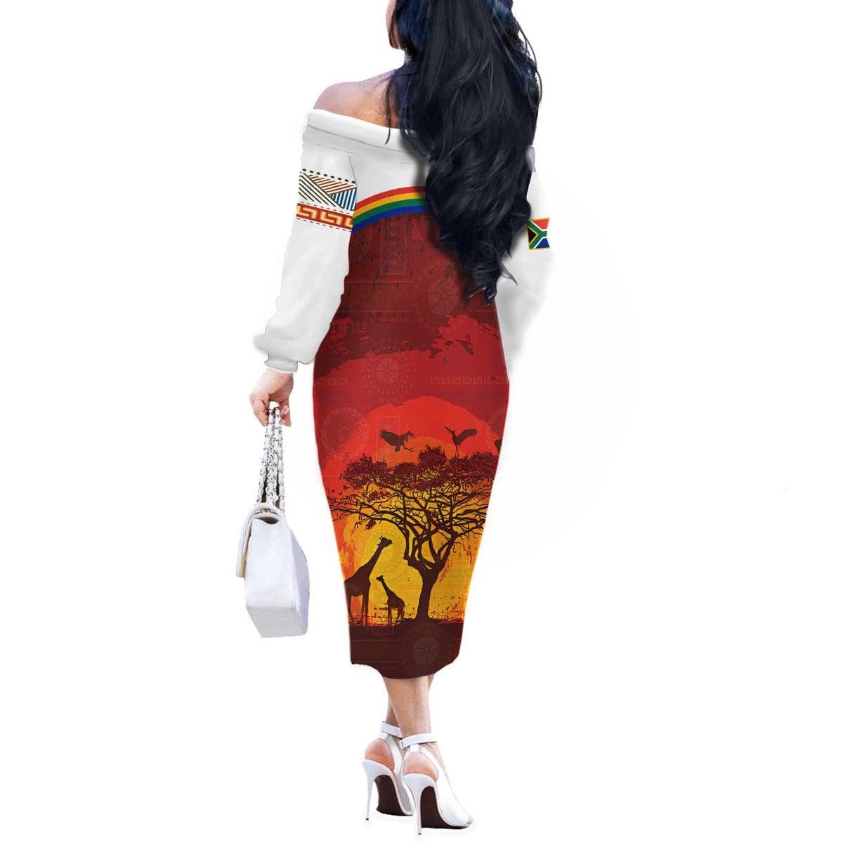 African Sunset Heritage Off The Shoulder Long Sleeve Dress Tribal Pattern with Continent Silhouette, Rainbow Arc & Safari Scene