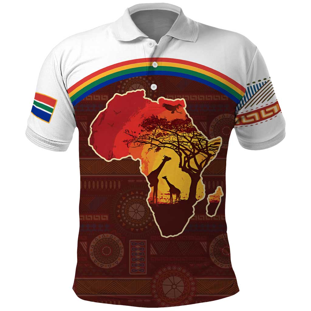 African Sunset Heritage Polo Shirt Tribal Pattern with Continent Silhouette, Rainbow Arc & Safari Scene