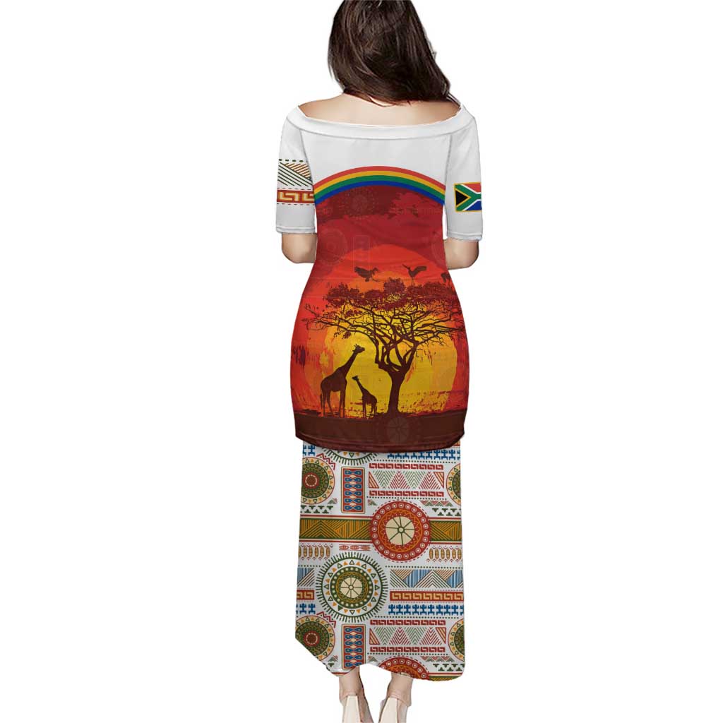 African Sunset Heritage Puletasi Tribal Pattern with Continent Silhouette, Rainbow Arc & Safari Scene