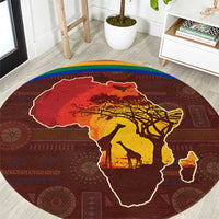African Sunset Heritage Round Carpet Tribal Pattern with Continent Silhouette, Rainbow Arc & Safari Scene
