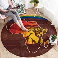 African Sunset Heritage Round Carpet Tribal Pattern with Continent Silhouette, Rainbow Arc & Safari Scene