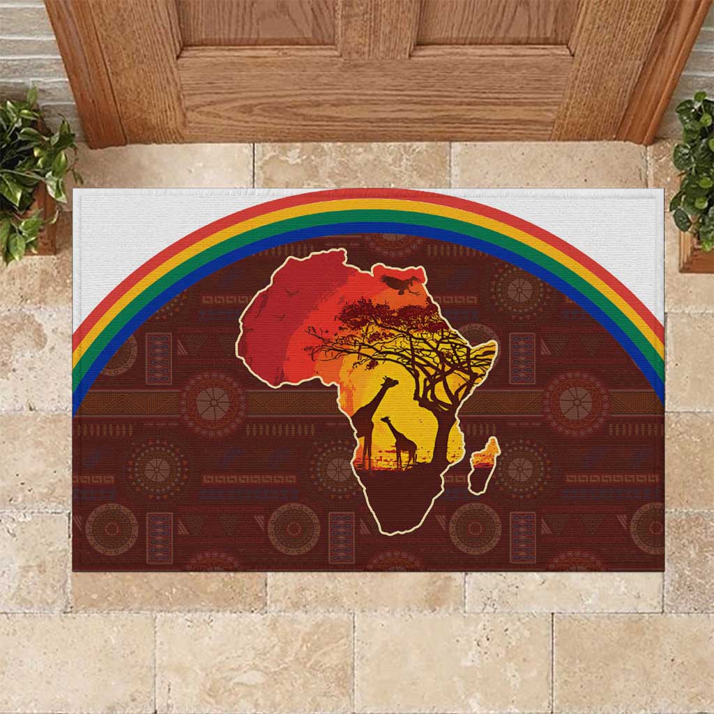 African Sunset Heritage Rubber Doormat Tribal Pattern with Continent Silhouette, Rainbow Arc & Safari Scene