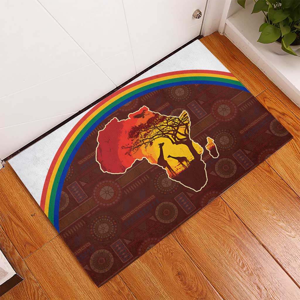 African Sunset Heritage Rubber Doormat Tribal Pattern with Continent Silhouette, Rainbow Arc & Safari Scene
