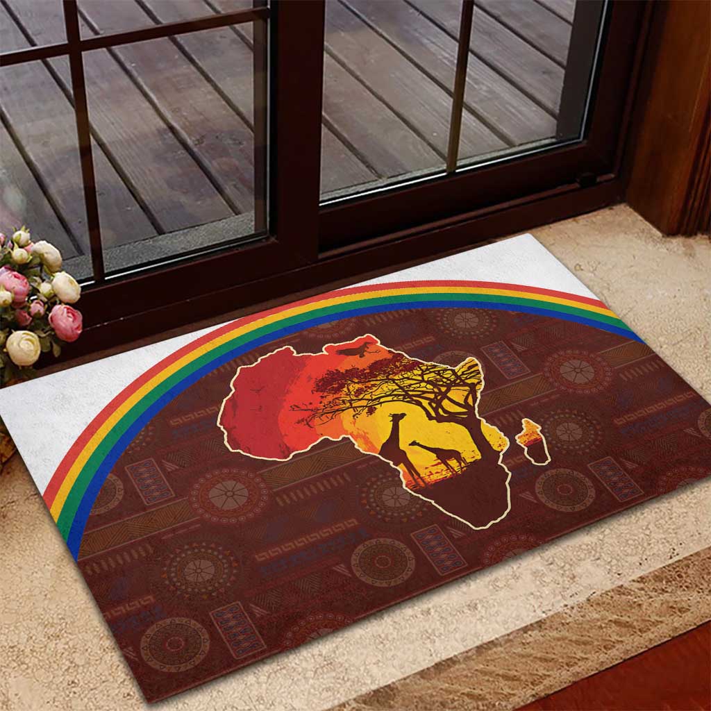 African Sunset Heritage Rubber Doormat Tribal Pattern with Continent Silhouette, Rainbow Arc & Safari Scene