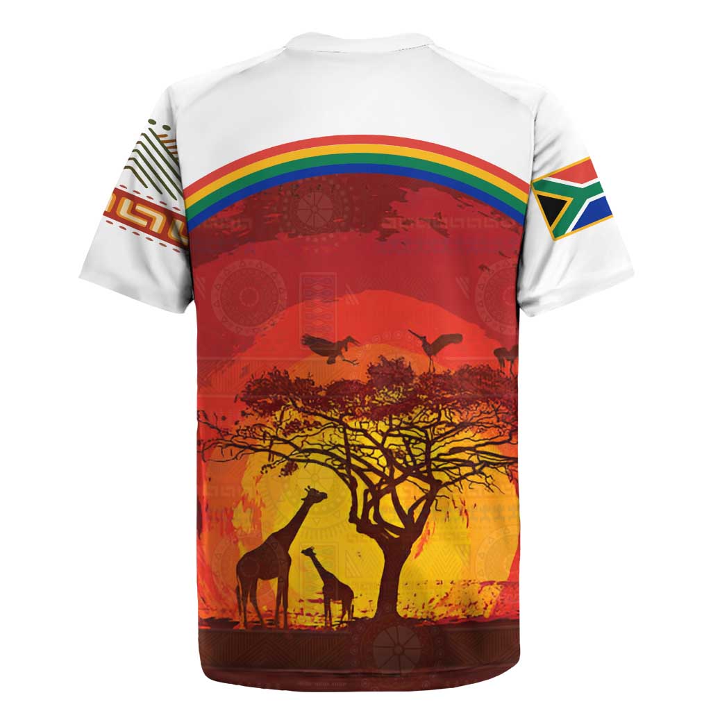 African Sunset Heritage Rugby Jersey Tribal Pattern with Continent Silhouette, Rainbow Arc & Safari Scene