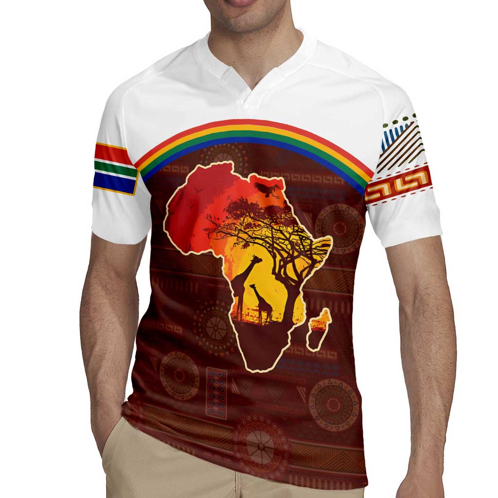 African Sunset Heritage Rugby Jersey Tribal Pattern with Continent Silhouette, Rainbow Arc & Safari Scene