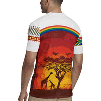 African Sunset Heritage Rugby Jersey Tribal Pattern with Continent Silhouette, Rainbow Arc & Safari Scene