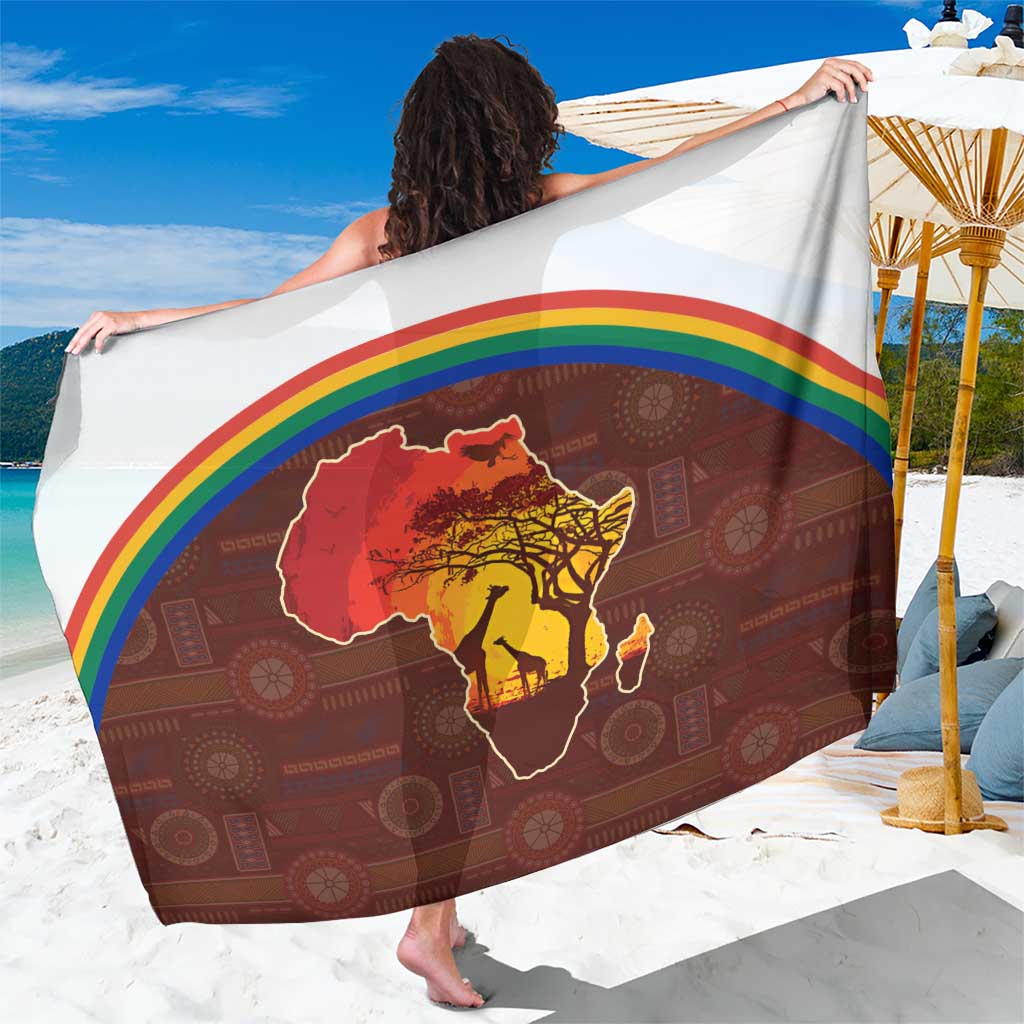 African Sunset Heritage Sarong Tribal Pattern with Continent Silhouette, Rainbow Arc & Safari Scene