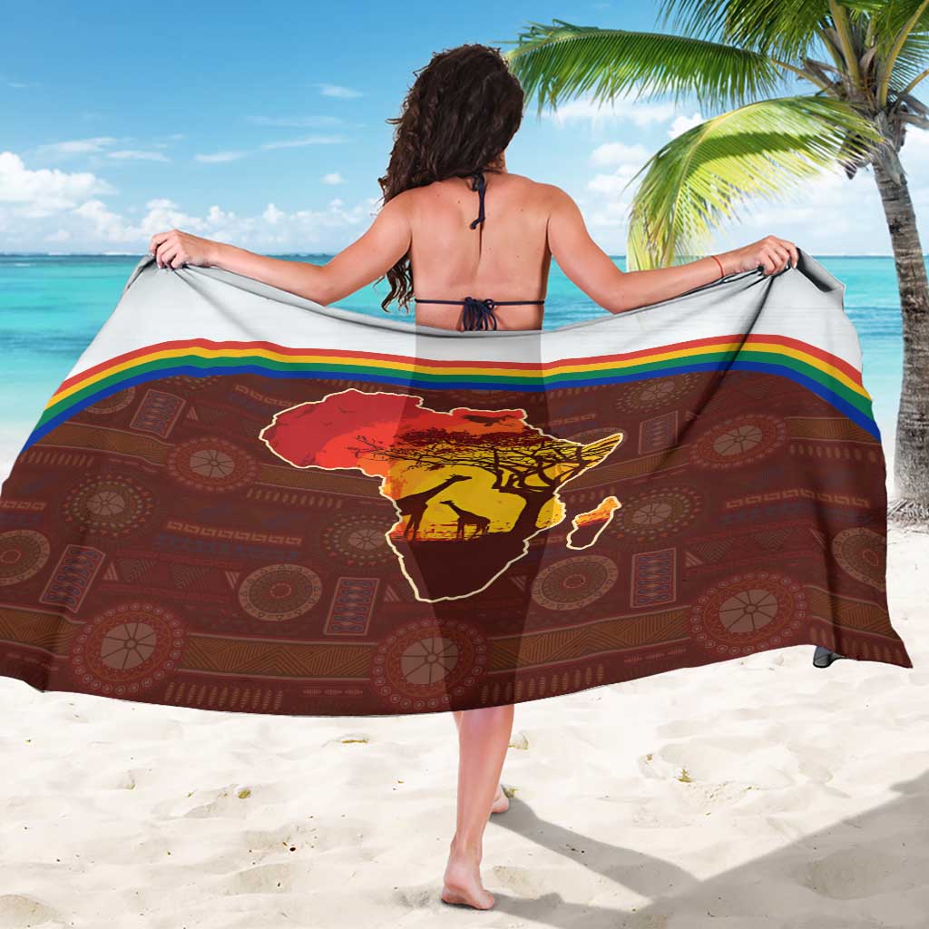 African Sunset Heritage Sarong Tribal Pattern with Continent Silhouette, Rainbow Arc & Safari Scene
