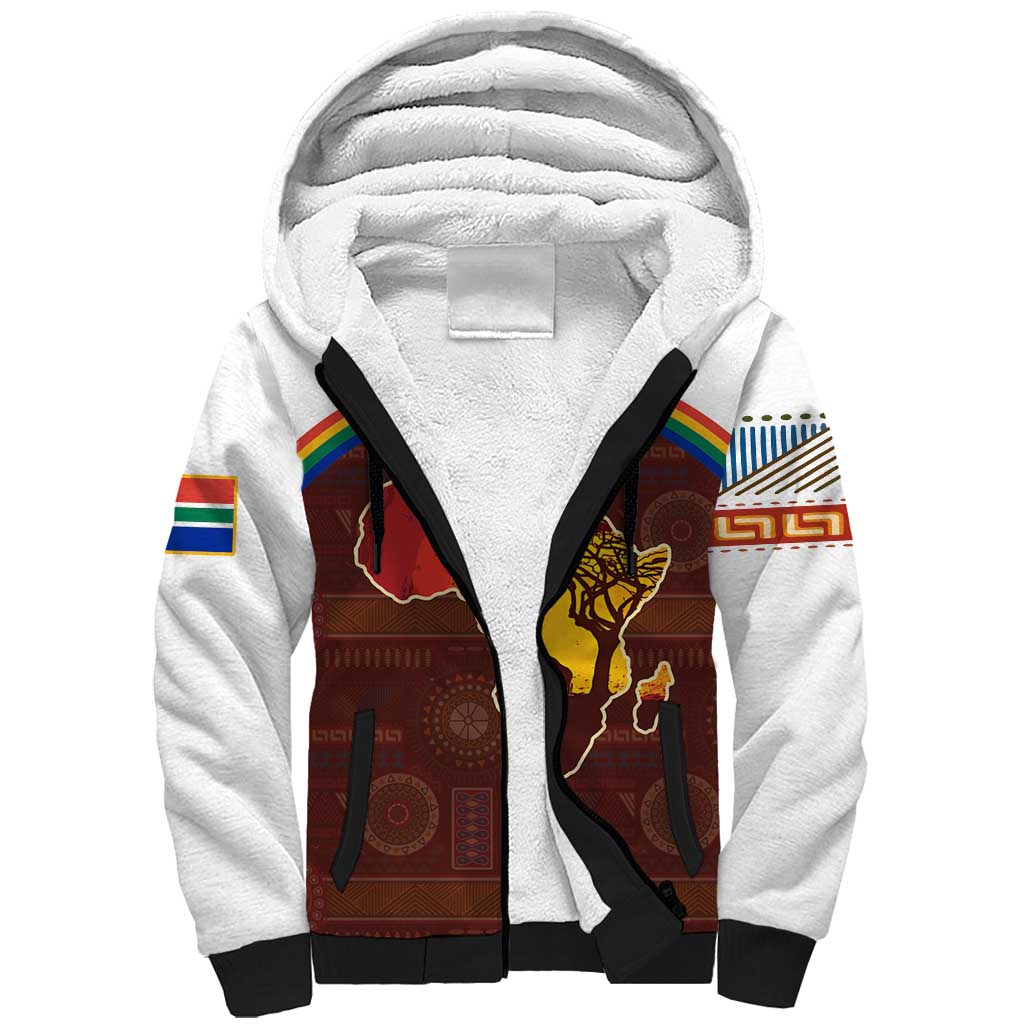 African Sunset Heritage Sherpa Hoodie Tribal Pattern with Continent Silhouette, Rainbow Arc & Safari Scene