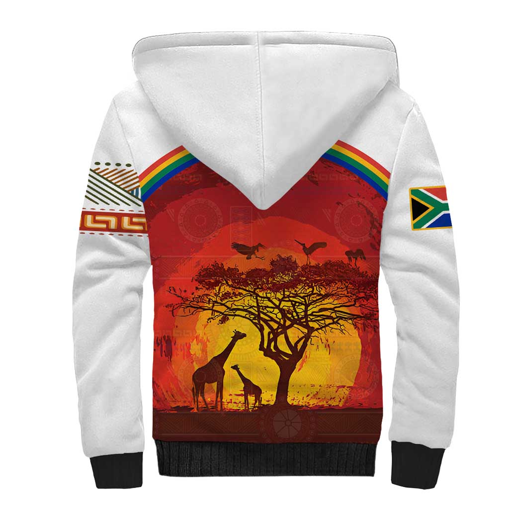 African Sunset Heritage Sherpa Hoodie Tribal Pattern with Continent Silhouette, Rainbow Arc & Safari Scene
