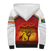 African Sunset Heritage Sherpa Hoodie Tribal Pattern with Continent Silhouette, Rainbow Arc & Safari Scene