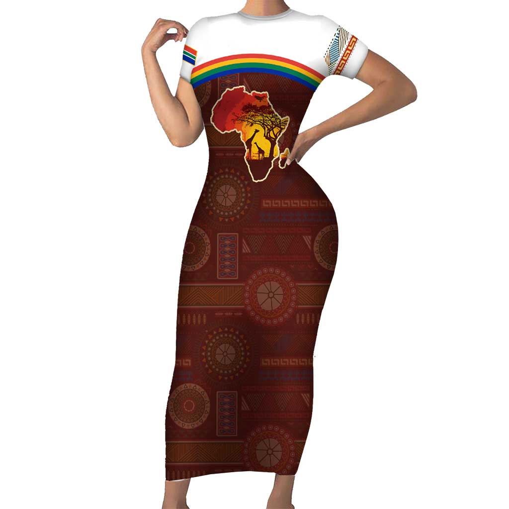 African Sunset Heritage Short Sleeve Bodycon Dress Tribal Pattern with Continent Silhouette, Rainbow Arc & Safari Scene