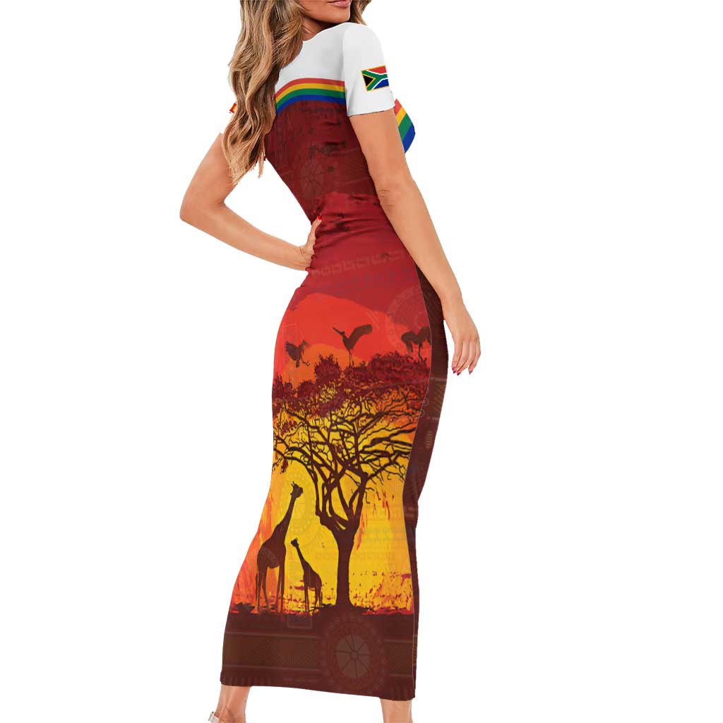 African Sunset Heritage Short Sleeve Bodycon Dress Tribal Pattern with Continent Silhouette, Rainbow Arc & Safari Scene