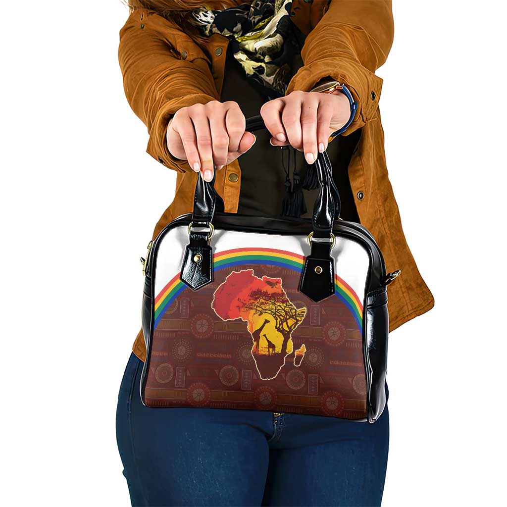 African Sunset Heritage Shoulder Handbag Tribal Pattern with Continent Silhouette, Rainbow Arc & Safari Scene