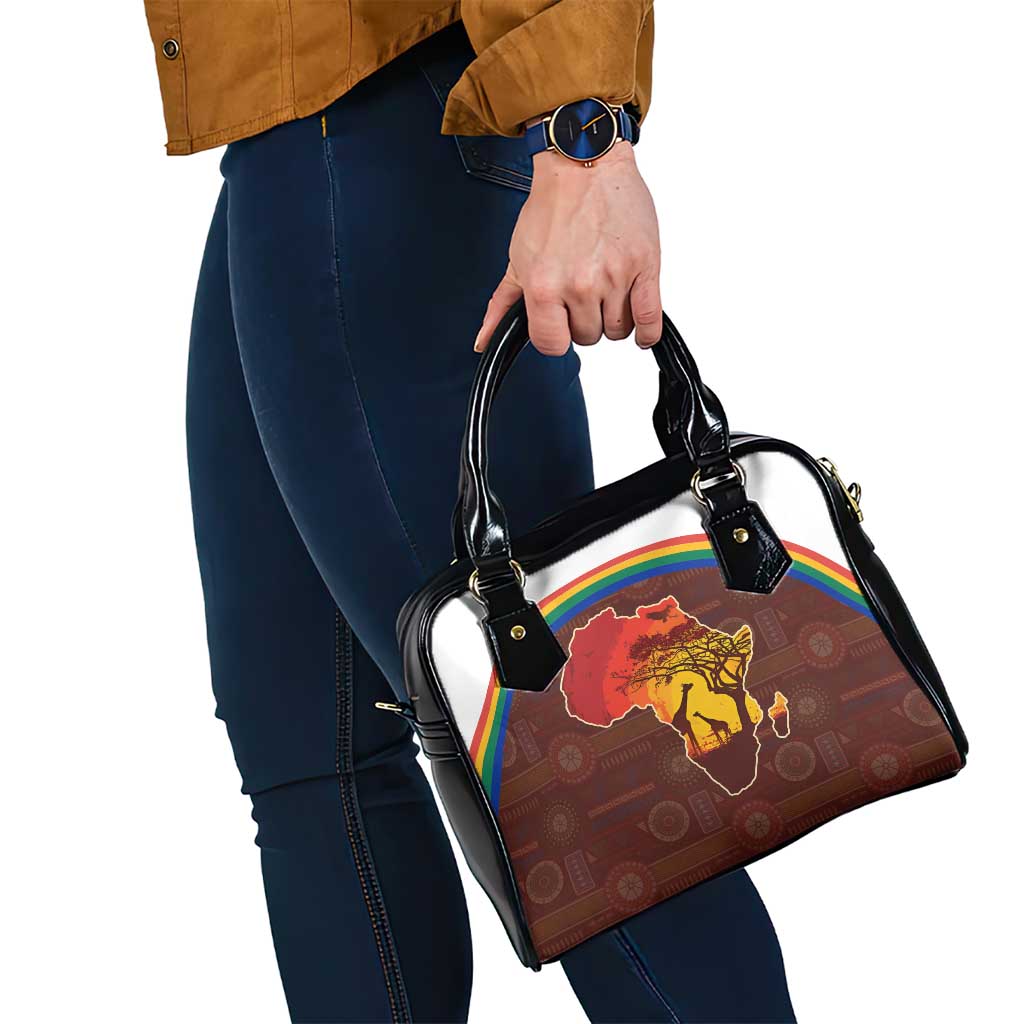 African Sunset Heritage Shoulder Handbag Tribal Pattern with Continent Silhouette, Rainbow Arc & Safari Scene
