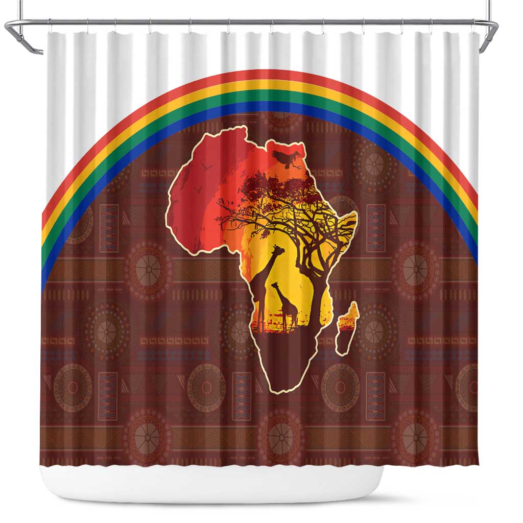 African Sunset Heritage Shower Curtain Tribal Pattern with Continent Silhouette, Rainbow Arc & Safari Scene
