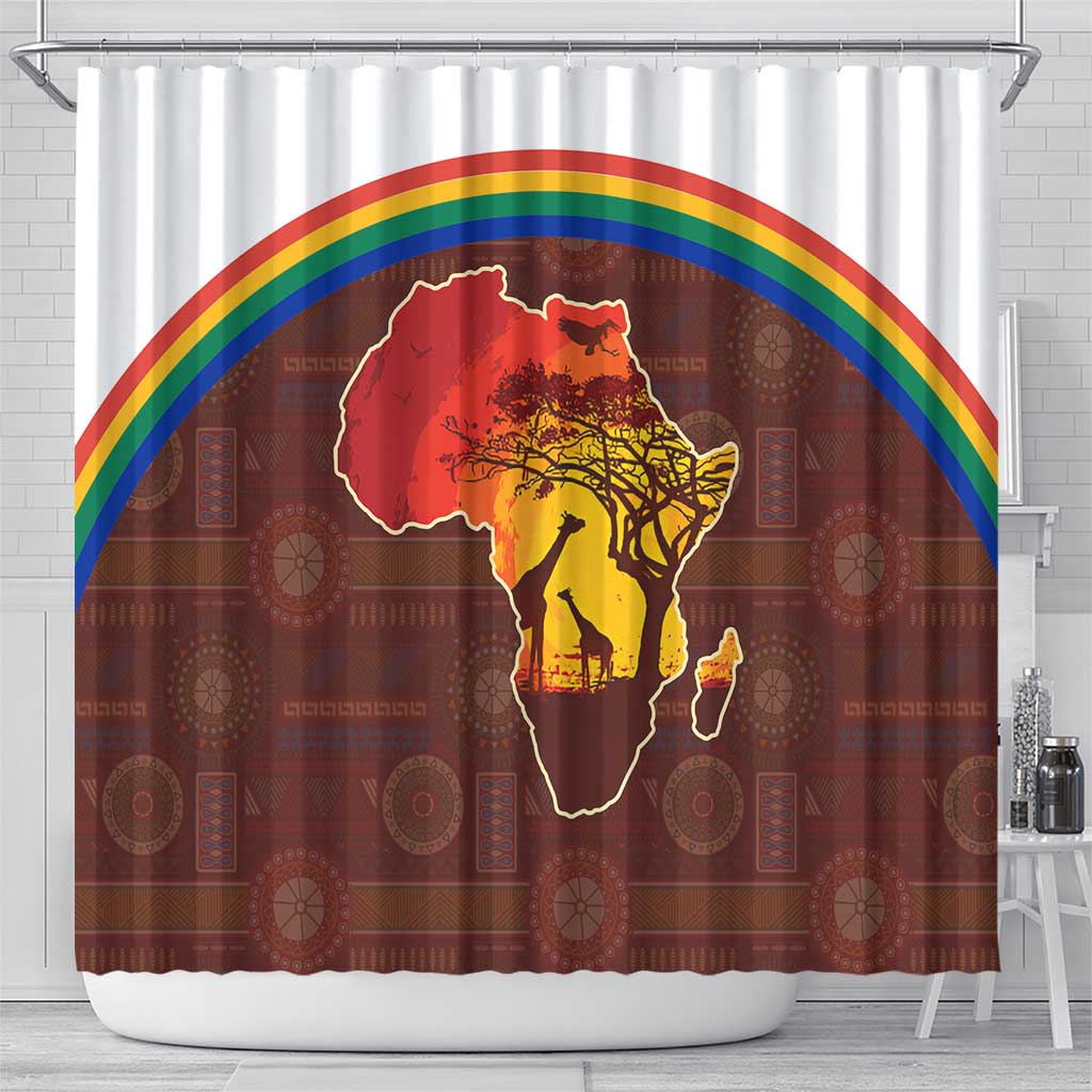 African Sunset Heritage Shower Curtain Tribal Pattern with Continent Silhouette, Rainbow Arc & Safari Scene