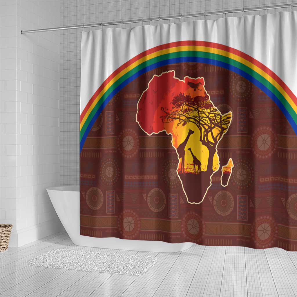 African Sunset Heritage Shower Curtain Tribal Pattern with Continent Silhouette, Rainbow Arc & Safari Scene