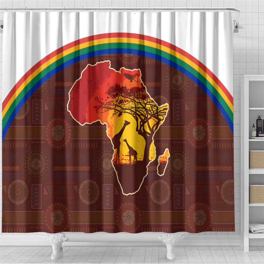 African Sunset Heritage Shower Curtain Tribal Pattern with Continent Silhouette, Rainbow Arc & Safari Scene