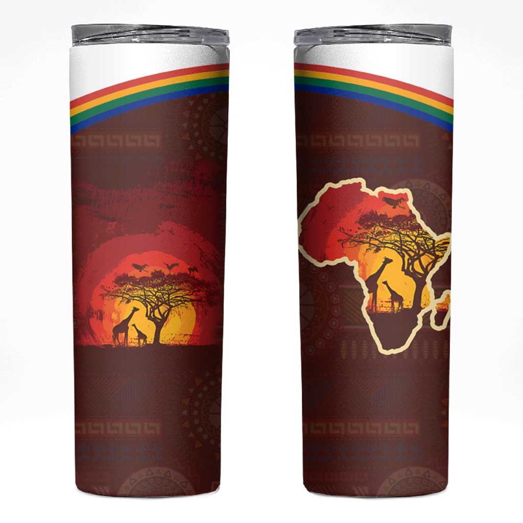 African Sunset Heritage Skinny Tumbler Tribal Pattern with Continent Silhouette, Rainbow Arc & Safari Scene