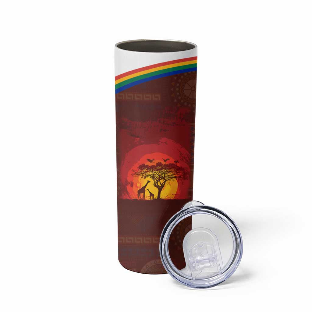 African Sunset Heritage Skinny Tumbler Tribal Pattern with Continent Silhouette, Rainbow Arc & Safari Scene
