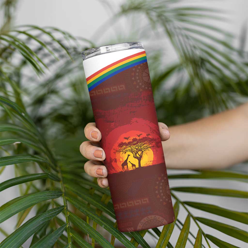 African Sunset Heritage Skinny Tumbler Tribal Pattern with Continent Silhouette, Rainbow Arc & Safari Scene