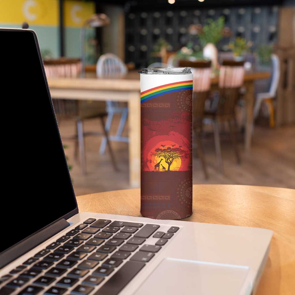 African Sunset Heritage Skinny Tumbler Tribal Pattern with Continent Silhouette, Rainbow Arc & Safari Scene