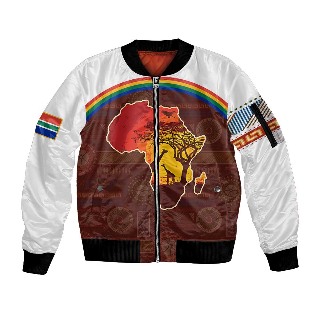 African Sunset Heritage Sleeve Zip Bomber Jacket Tribal Pattern with Continent Silhouette, Rainbow Arc & Safari Scene