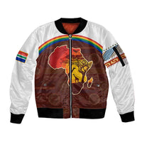 African Sunset Heritage Sleeve Zip Bomber Jacket Tribal Pattern with Continent Silhouette, Rainbow Arc & Safari Scene
