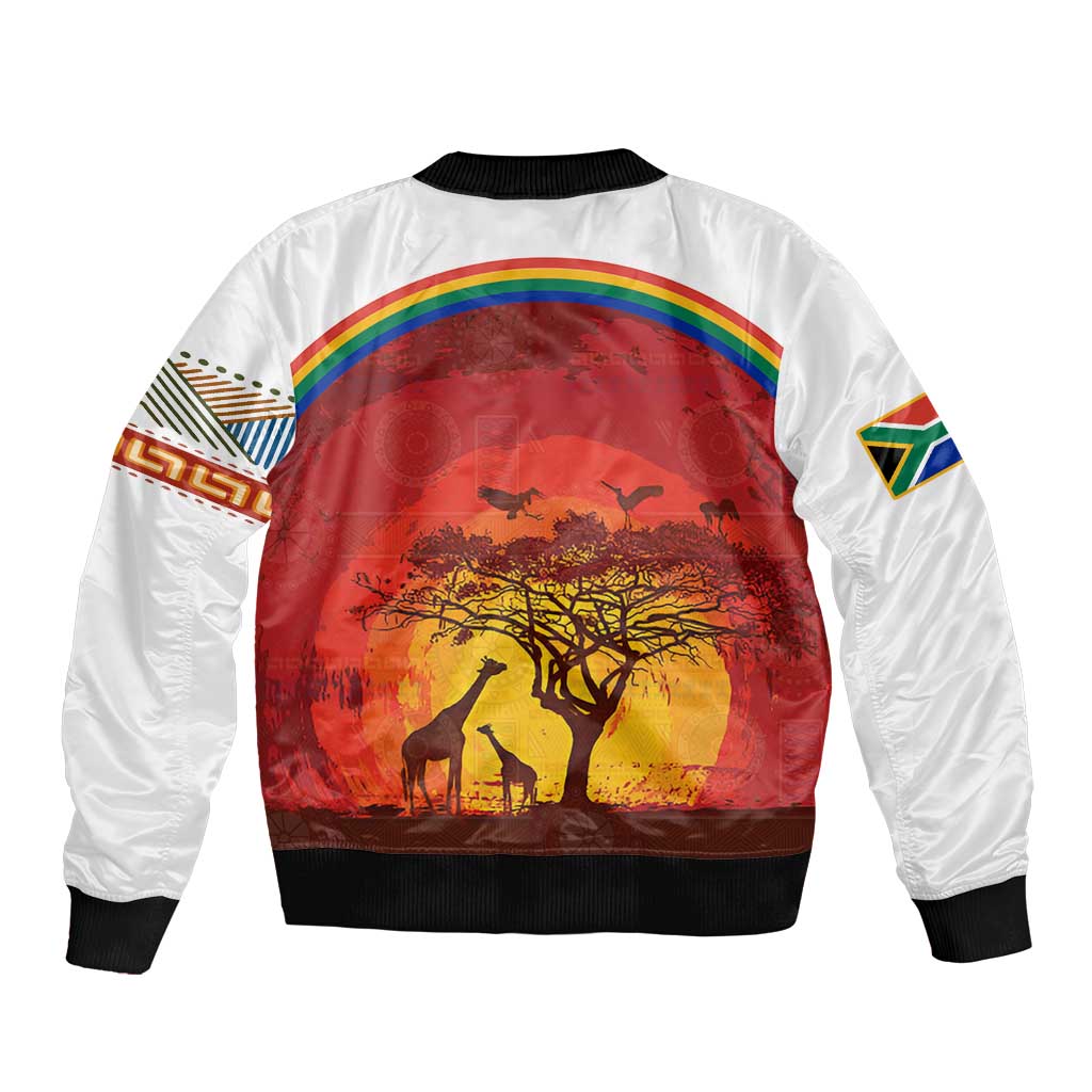 African Sunset Heritage Sleeve Zip Bomber Jacket Tribal Pattern with Continent Silhouette, Rainbow Arc & Safari Scene