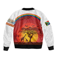 African Sunset Heritage Sleeve Zip Bomber Jacket Tribal Pattern with Continent Silhouette, Rainbow Arc & Safari Scene