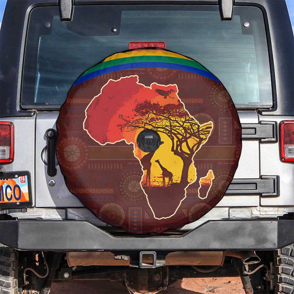 African Sunset Heritage Spare Tire Cover Tribal Pattern with Continent Silhouette, Rainbow Arc & Safari Scene