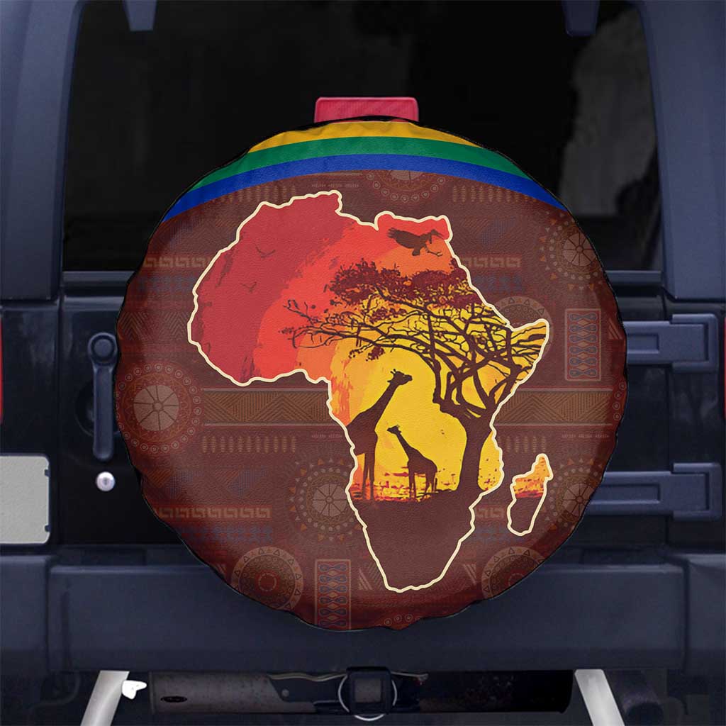 African Sunset Heritage Spare Tire Cover Tribal Pattern with Continent Silhouette, Rainbow Arc & Safari Scene