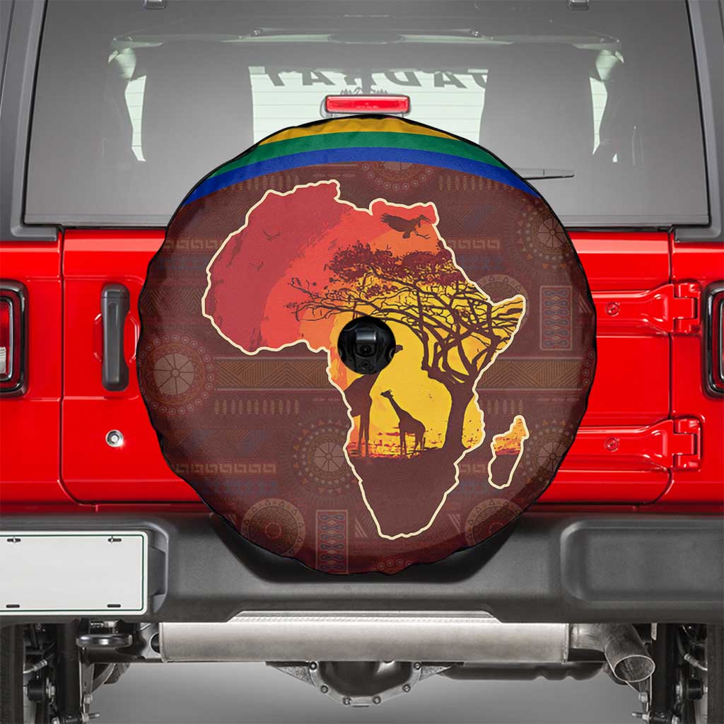 African Sunset Heritage Spare Tire Cover Tribal Pattern with Continent Silhouette, Rainbow Arc & Safari Scene