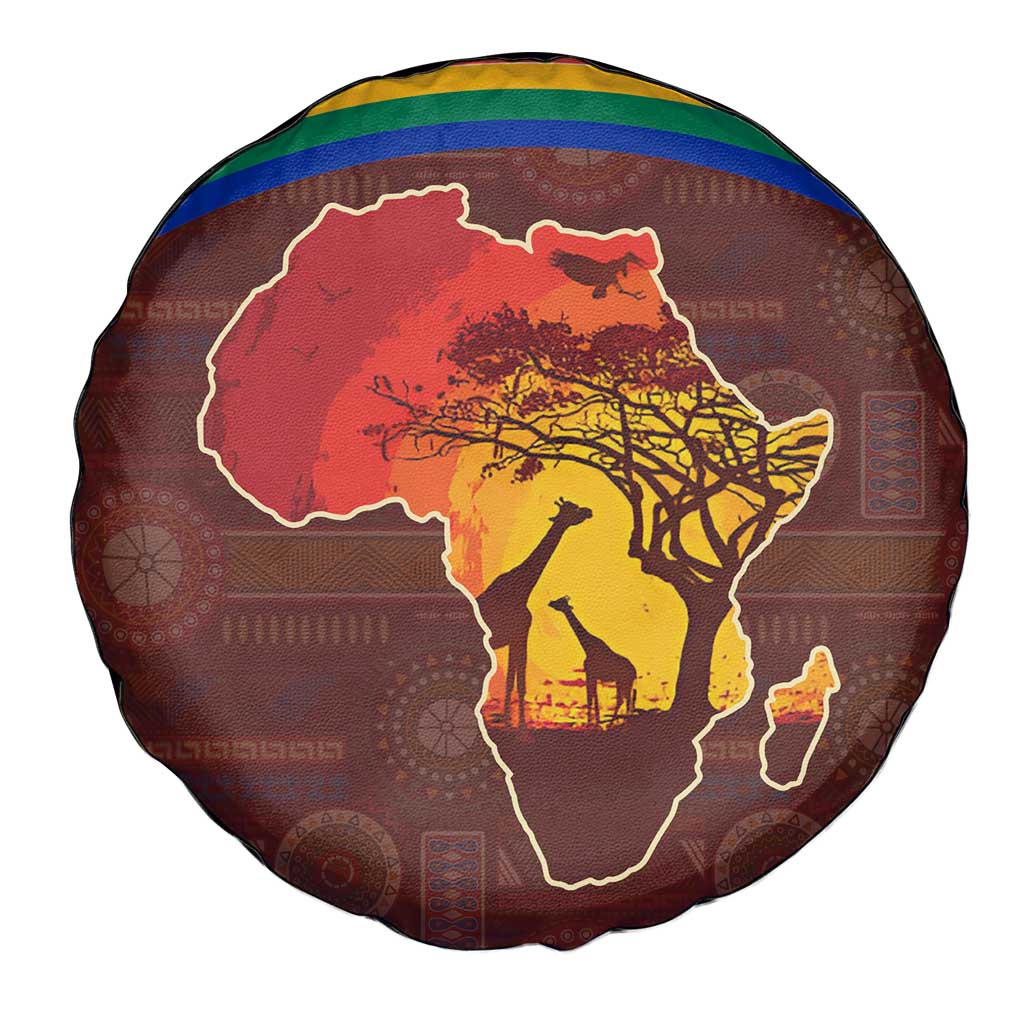 African Sunset Heritage Spare Tire Cover Tribal Pattern with Continent Silhouette, Rainbow Arc & Safari Scene