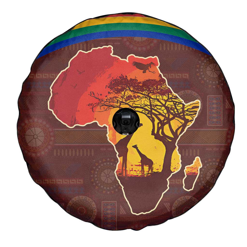 African Sunset Heritage Spare Tire Cover Tribal Pattern with Continent Silhouette, Rainbow Arc & Safari Scene